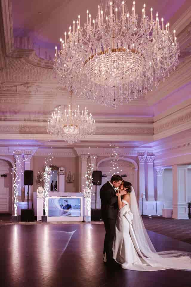The Park Savoy Estate ballroom wedding with cold spark pyrotechnics and custom AV projection.