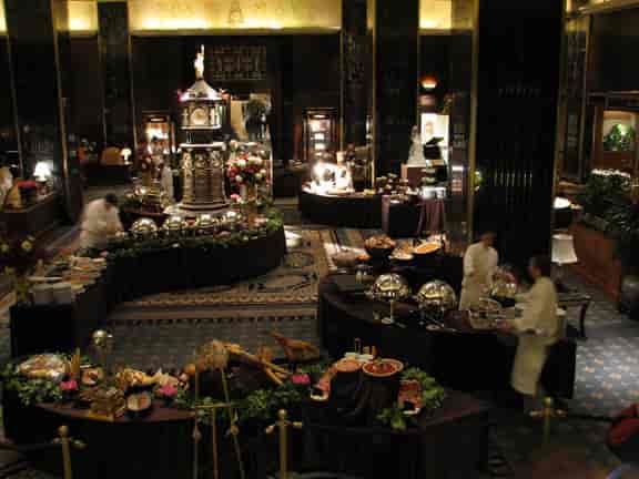 Peacock Alley banquet setup at Waldorf Astoria, elegant catering for corporate events and galas.