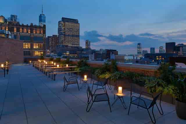 Modern rooftop terrace in Warwick, NY with skyline views for networking receptions and cocktails.