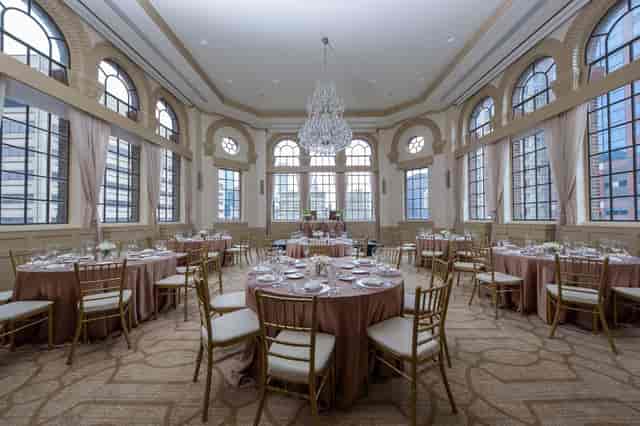 Elegant ballroom in Warwick NY with arched windows, perfect for gala dinner or wedding reception.