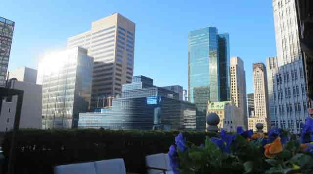 Rooftop lounge at The Roosevelt Hotel with skyline view for cocktail receptions and networking.