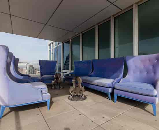 Luxury covered outdoor lounge at Library NoMo SoHo for VIP networking and event venue rentals.
