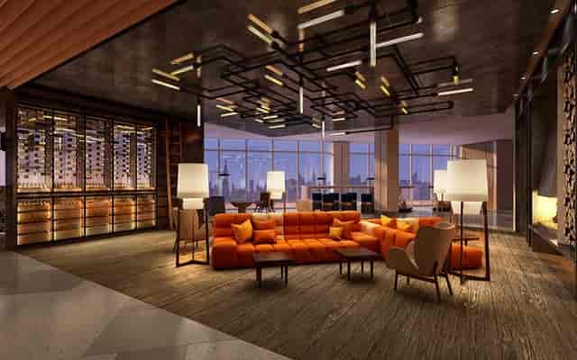Luxury hotel lounge with statement lighting for VIP receptions and executive networking events.