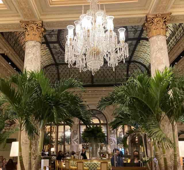 The Plaza Palm Court atrium for sophisticated corporate cocktail receptions and VIP events.