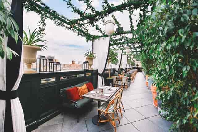 Lush rooftop terrace with garden decor, perfect for upscale corporate events and networking.