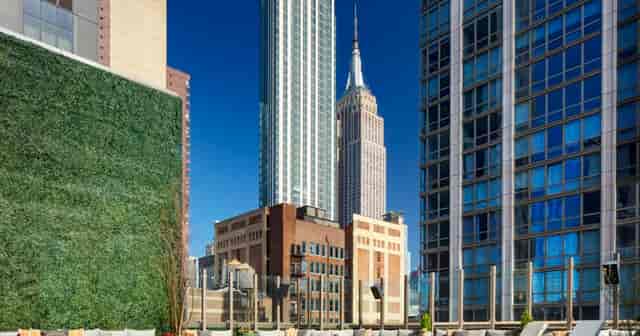 Park Lounge NYC rooftop with green wall for high-end networking receptions and cocktail hours.