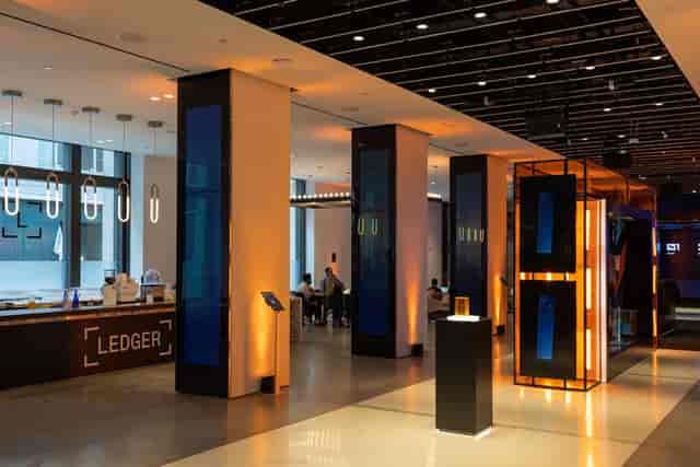 Corporate brand activation space with digital signage pillars for tech-forward event venue.