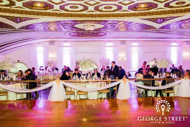 Grand Ballroom at Floral Terrace with ornate ceiling for gala events and corporate banquets.