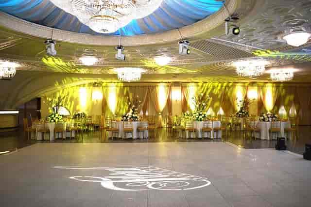 Floral Terrace ballroom event with monogram lighting for luxury weddings and galas.