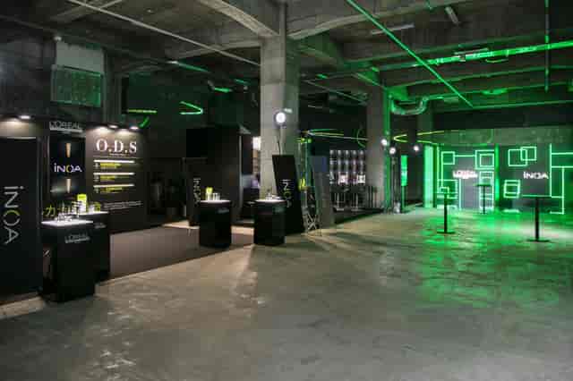 G1-5F industrial product showcase with neon lighting for brand activation and corporate events.