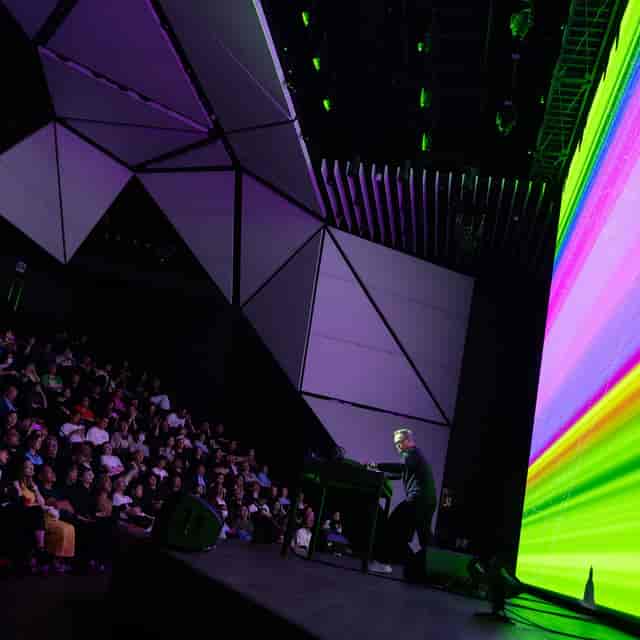 Modern keynote stage at Tokyo Node with LED backdrop for corporate events and conferences.