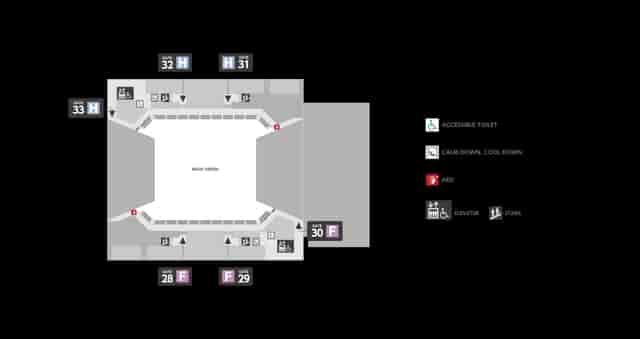 Tokyo Ariake Arena main arena floor plan showing accessible event logistics and safety layout.