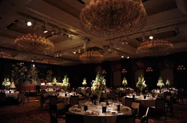Shangri-La Tokyo ballroom with crystal chandeliers for an upscale gala or formal evening reception.