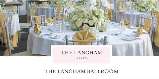 The Langham Jakarta ballroom gala setup with gold accents for luxury wedding and corporate events.