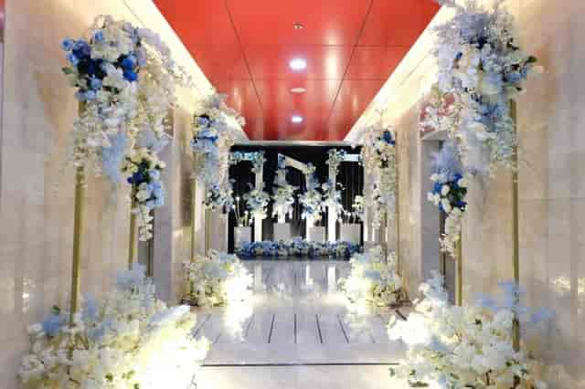 La Seine wedding hall floral-lined corridor for formal event entrance and luxury venue gala.