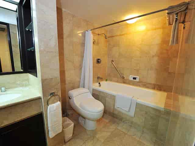 Standard hotel bathroom at Hotel Borobudur Jakarta, dated design, corporate event venue.