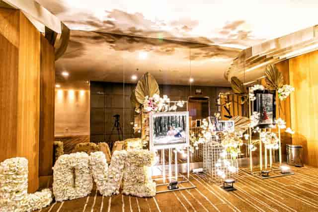 Lavender Function Hall foyer with floral signage for wedding and social event venue decor.