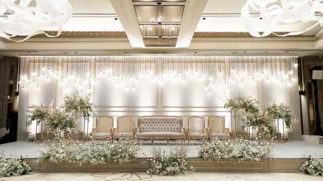 Luxury Grand Ballroom stage with floral decor for weddings and corporate events in Jakarta.