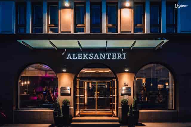 Radisson Blu Aleksanteri Hotel evening venue entrance for corporate networking and private soirées.