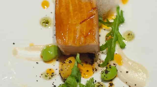 Artistic plated dish at SENSHU restaurant, ideal for upscale corporate dinner or gala events.