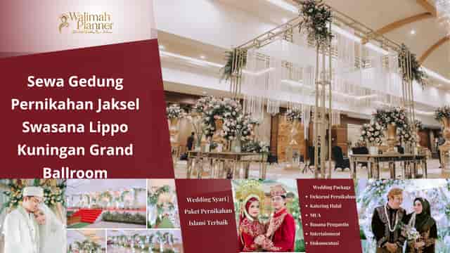 Lippo Kuningan Grand Ballroom wedding venue with ornate floral stage, Jakarta event space.