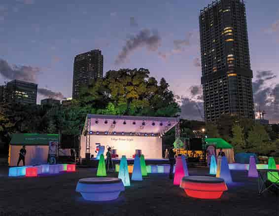 Hobai-tei Hama-rikyu Gardens with LED furniture for evening networking and corporate events.