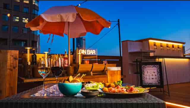 Gin bar on Tokyo Bay rooftop, perfect for sunset corporate networking and VIP event receptions.