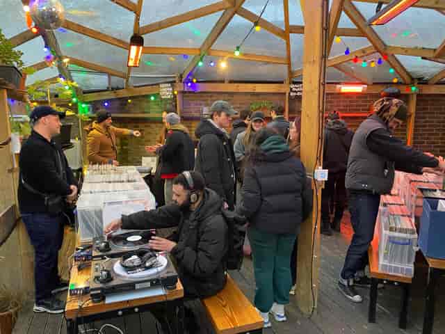 Vinyl pop-up market at Grow Hackney Wick, an outdoor experiential event venue for community retail.