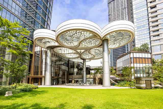 Azabudai Hills event space with architectural canopy for corporate networking and product launches.