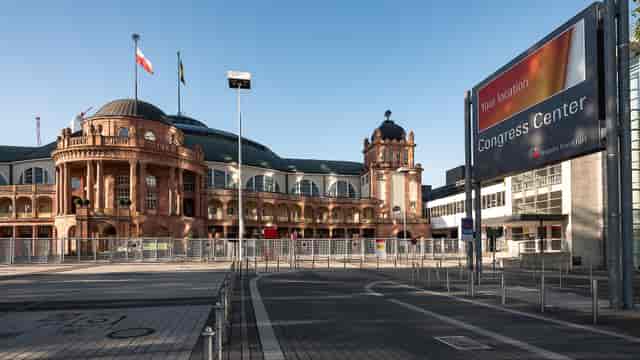 Exterior of Festhalle Messe Frankfurt congress center for large-scale international conferences.