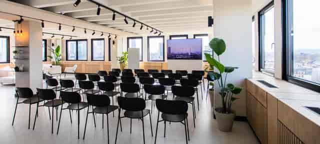 Westend Tower meeting room with theater seating for corporate workshops and breakout sessions.