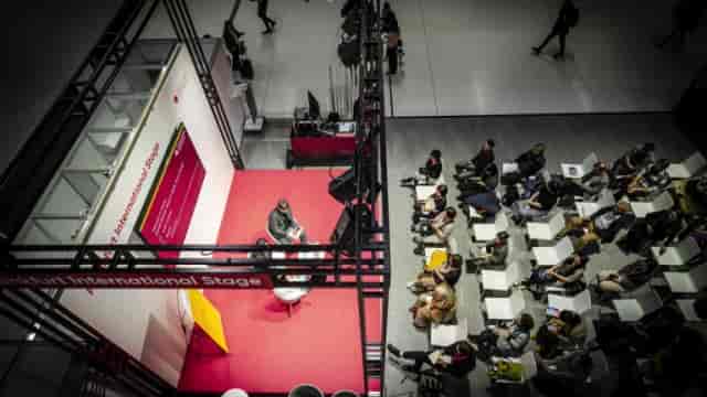 Frankfurter Buchmesse exhibition theater stage with vertical trussing for trade show events.