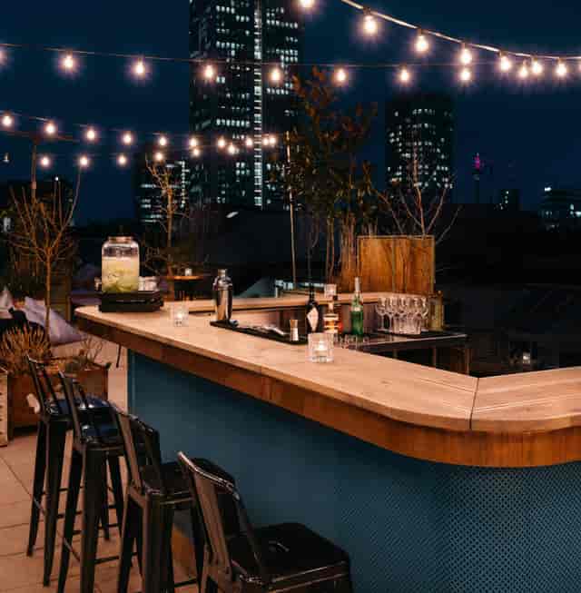 Rooftop terrace with cityscape views for corporate receptions and networking events.