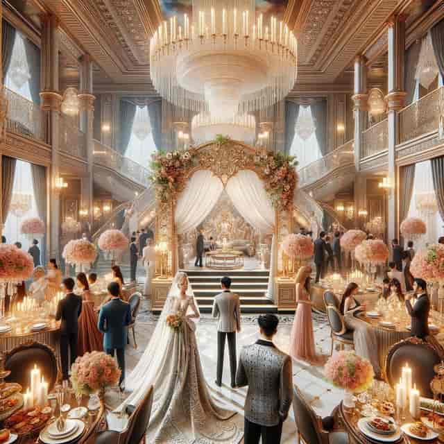 Luxury wedding ballroom at Juwel am Main with floral arch and grand staircase.