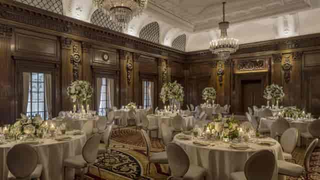 United Nations Ballroom, Four Seasons London, featuring ornate chandeliers for luxury gala events.