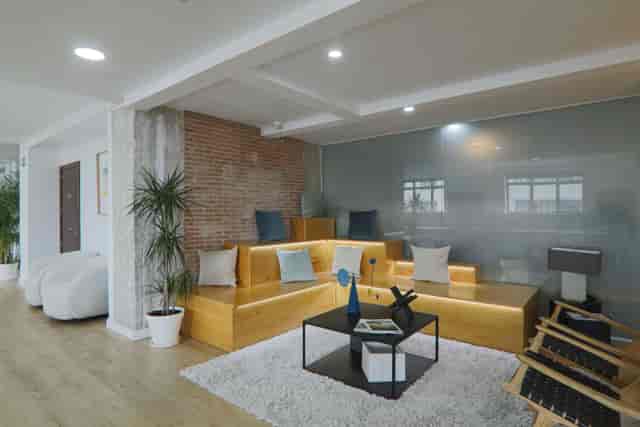 Cozy modern meeting space in Manhattan with tiered seating for brainstorming sessions.