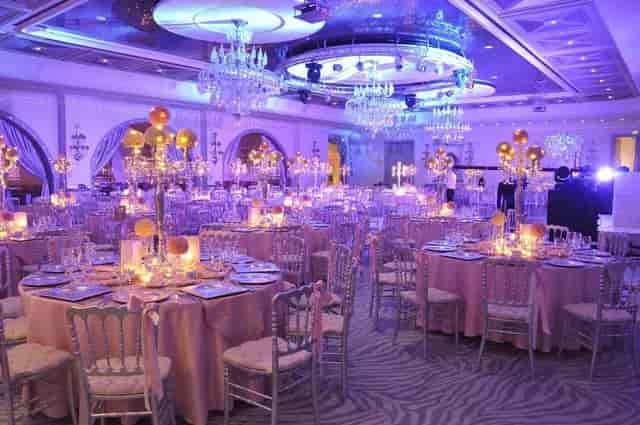 Kalamış Ballroom banquet setup with purple lighting for elegant wedding and corporate event.