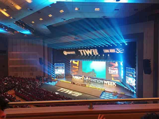 Galata Ballroom keynote stage with digital signage and dynamic lighting for corporate events.