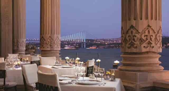 Luxury gala dining at Çırağan Palace Istanbul with waterfront view.