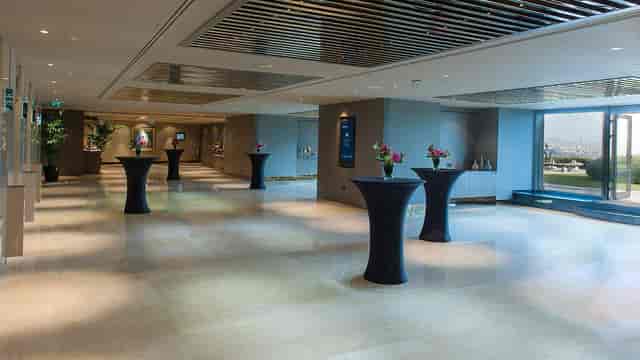 Anadolu Terrace event space with cocktail tables for corporate networking and coffee breaks.