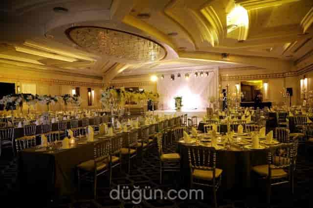 Luxury ballroom in Dedeman Istanbul for gala or wedding events with elegant ambient lighting.