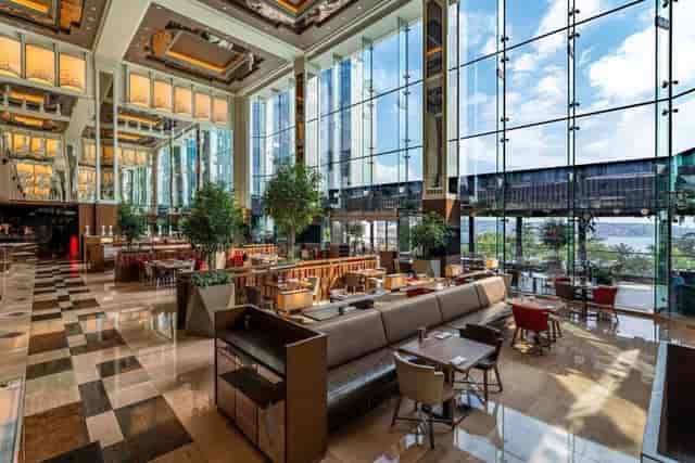 High-end restaurant in Swissôtel Istanbul with floor-to-ceiling windows for corporate events.