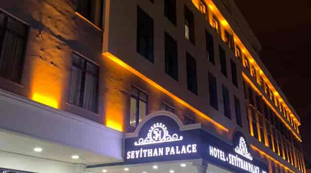 Seyithan Palace Hotel exterior at night, ideal for corporate events and regional conferences.