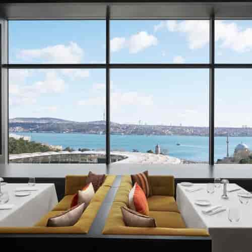 Nobu Istanbul terrace for luxury VIP networking and executive board meetings with Bosphorus view.