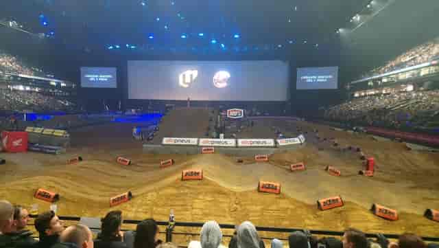 Paris La Défense Arena dirt track layout for live sporting event production.