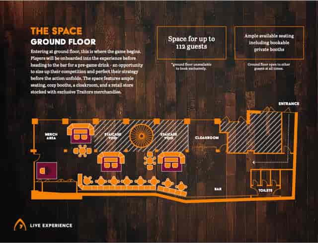 Half Venue Hire floor plan for corporate events and social gatherings, accommodating 112 guests.