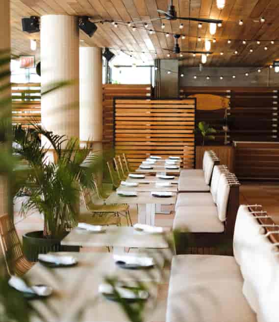 Modern surf-themed dining room for corporate offsites and networking events at The Rockaway.
