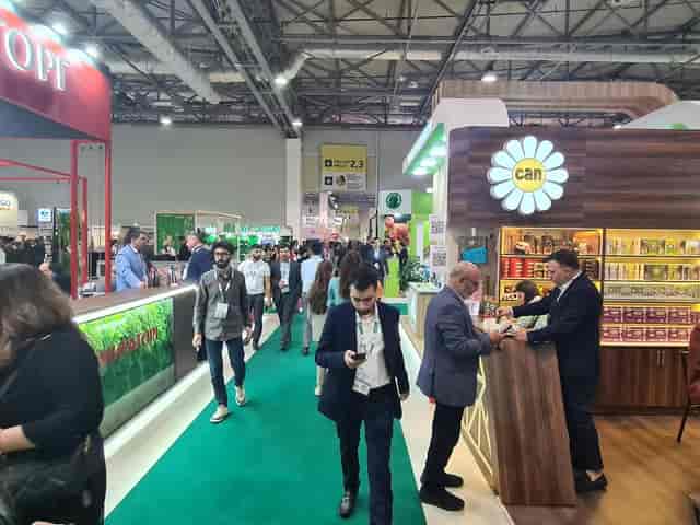 Baku Expo Center trade show: green carpet aisle for networking and business exhibition events.