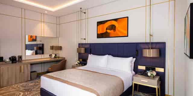 Luxury hotel suite in InterContinental Baku featuring workspace for VIP corporate business events.