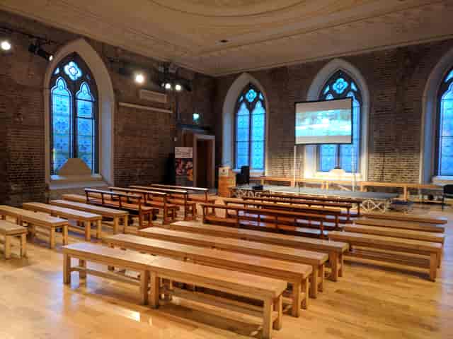 Smock Alley Theatre banquet hall with exposed brick for corporate seminars and heritage events.